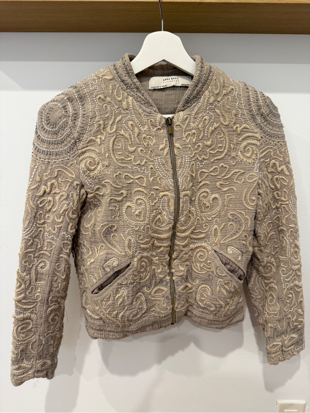 Vintage Zara Embroidered Taupe Bomber Jacket
